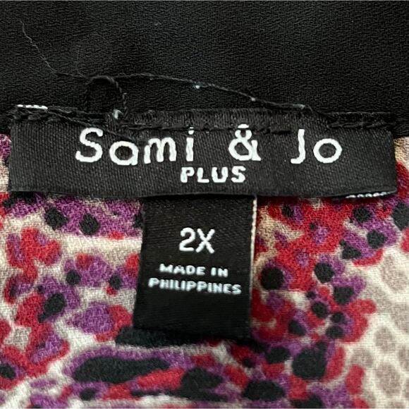 SAMI & JO LONG SLEEVE, V-NECK TUNIC BLOUSE, WOMANS, 2X, PURPLE RED TAN GEOMETRIC - Picture 8 of 10